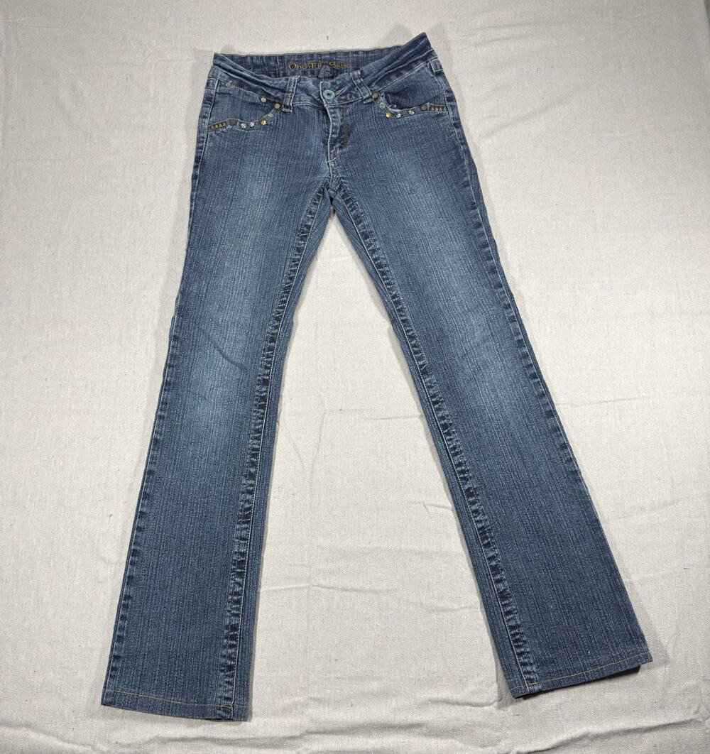 One Tuff Babe Womens Jeans Size 3/4 Blue Low Rise Bootcut Flare Studded Y2K